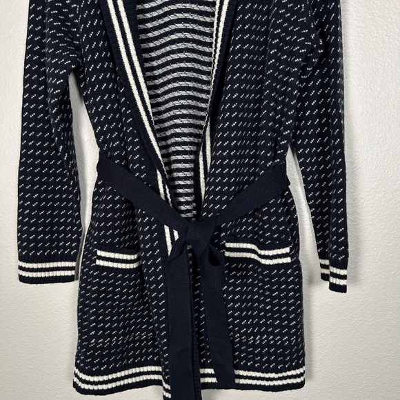 LL Bean women size L signature wool blend long cardigan navy white belted NEW - Picture 3 of 15